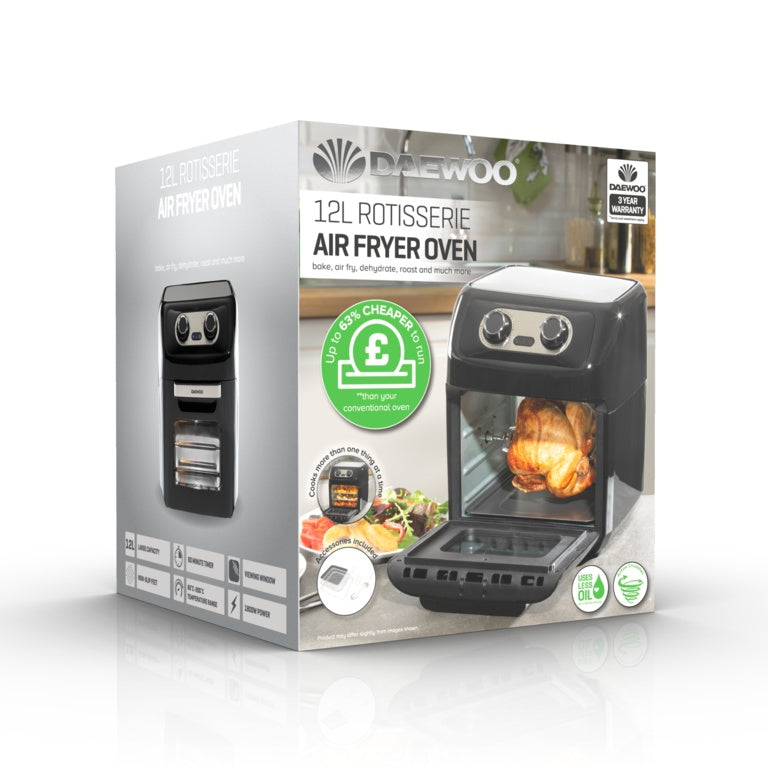Daewoo 12L Rotisserie Air Fryer Oven 1800W Manual Cooker - Black (SDA2488)